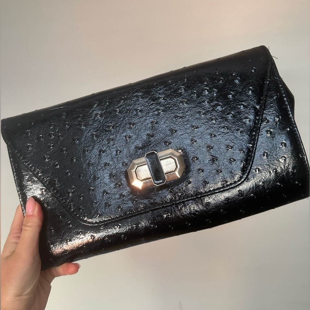 Oversized Black Clutch with Gold Hardware & Gold Chain